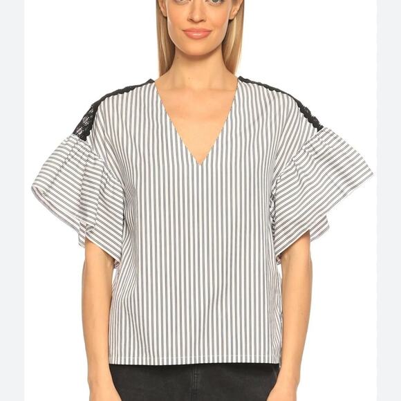 Sandro | Blue and White Stripe Flutter Sleeve Top Size 3 (L) - Picture 1 of 8